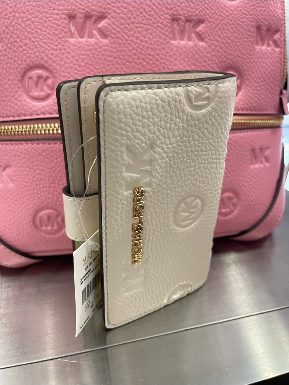 Michael Kors Jet Set Travel Med MK Logo Debossed Bifold Wallet Light Cream NWT